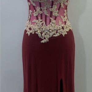 Gold and Red Slit Gown with Plunge Neckline for Cocktail